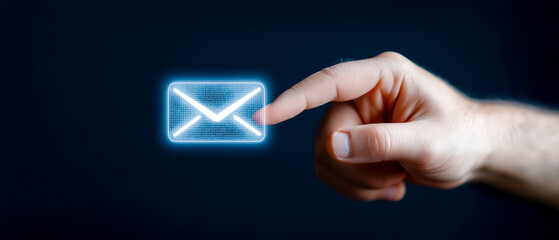 A close-up of a hand reaching towards a glowing digital email icon made of binary code, symbolizing digital communication and modern technology.