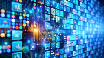 Obraz premium The Digital Wall A Futuristic Perspective of Data Visualization with Blurred Squares, Circles, and Glowing Lights. Data, Technology, Information, Network, Digital Art