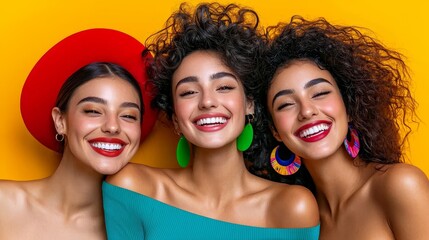 Three joyful women pose together with vibrant smiles and colorful accessories, radiating happiness and friendship against a bright background.