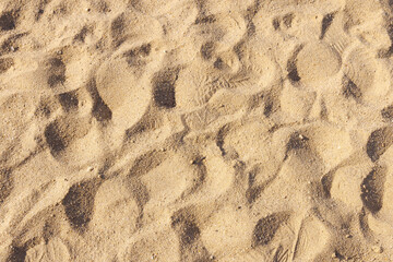 Dry sand with illegible shoe tracks. View from above.
