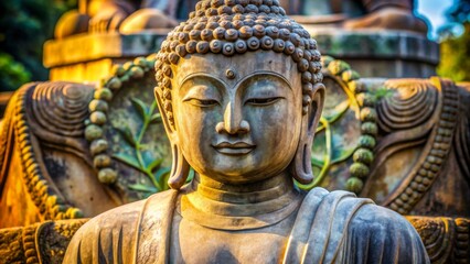 Fototapeta premium The Peaceful Gaze of the Buddha A Close-Up Portrait of Tranquility, Stone Sculpture, Buddhist Art, Serene Expression, Spiritual Symbolism, Meditation, Ancient Wisdom