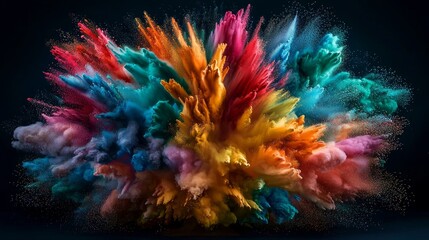 Vibrant explosion of colorful powder, creating a striking visual impact against a dark background.