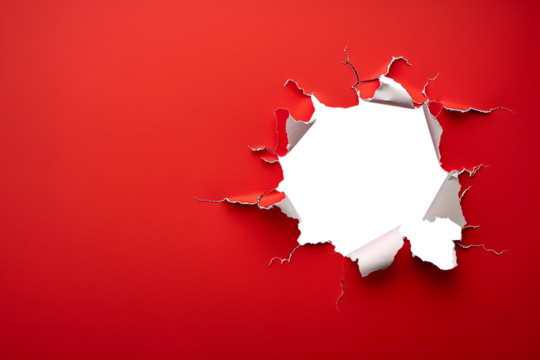ripped transparent hole in red paper, torn hole
