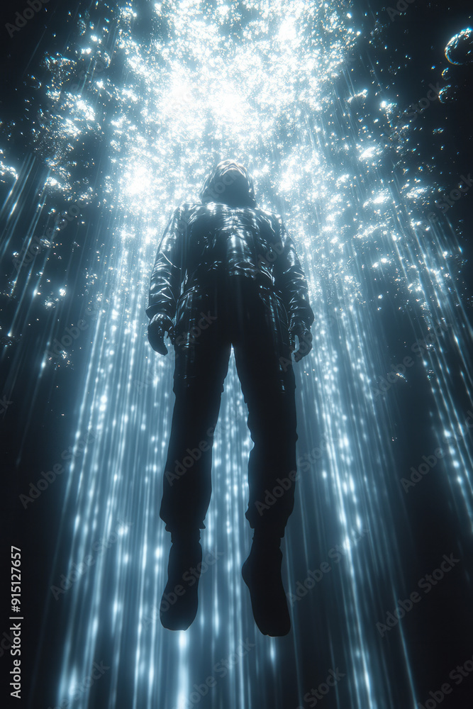 Poster a peaceful depiction of a figure suspended in a zero-gravity chamber, surrounded by floating objects