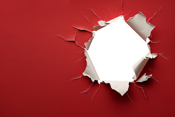ripped transparent hole in red paper copy space for text, torn hole