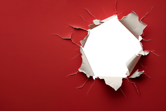 ripped transparent hole in red paper copy space for text, torn hole