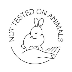 Cruelty free thin line icon. Not tested on animals outline logo sticker for animal friendly product packaging. Cute linear rabbit in hand with text in circle. Vegan eco cosmetics. Simple lined badge