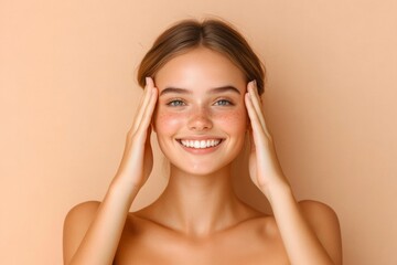 Fototapeta premium A young woman with a bright smile touches her face gently. She is radiant and beautiful, with clear skin and a natural glow.