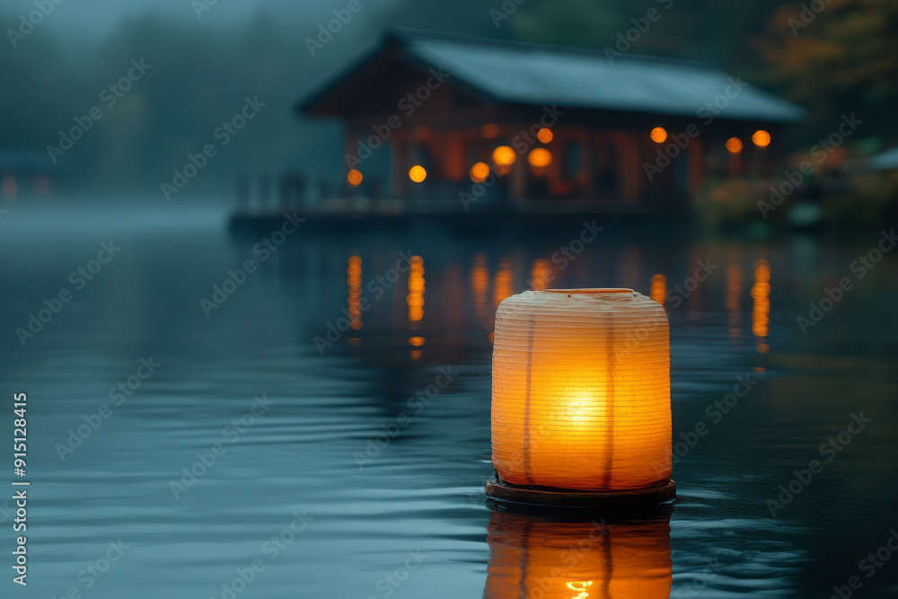Poster A minimalist design of a floating lantern casting a soft, serene light over a calm, reflective surface,