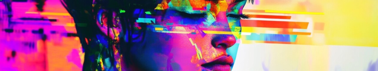Contemporary Digital Portrait with Vibrant Abstract Glitch Effects and Bold Colors Exuding a Modern and Futuristic Style