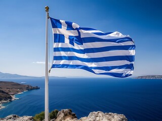 Greek Flag Waving Over a Scenic Sea
