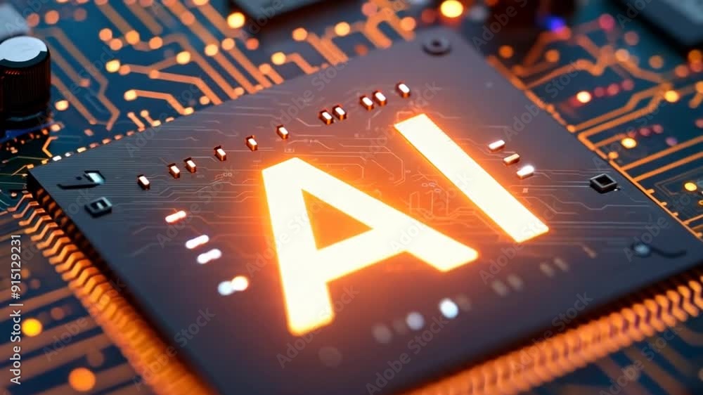 Poster ai text on computer circuit board, ai microprocessor closeup