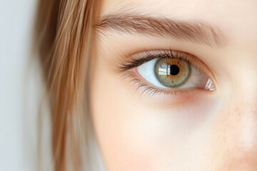 Obraz premium Close-up of a woman's green eye with natural makeup.