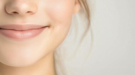 Fototapeta premium Close-up of a woman's smiling lips and chin, soft focus on the background.
