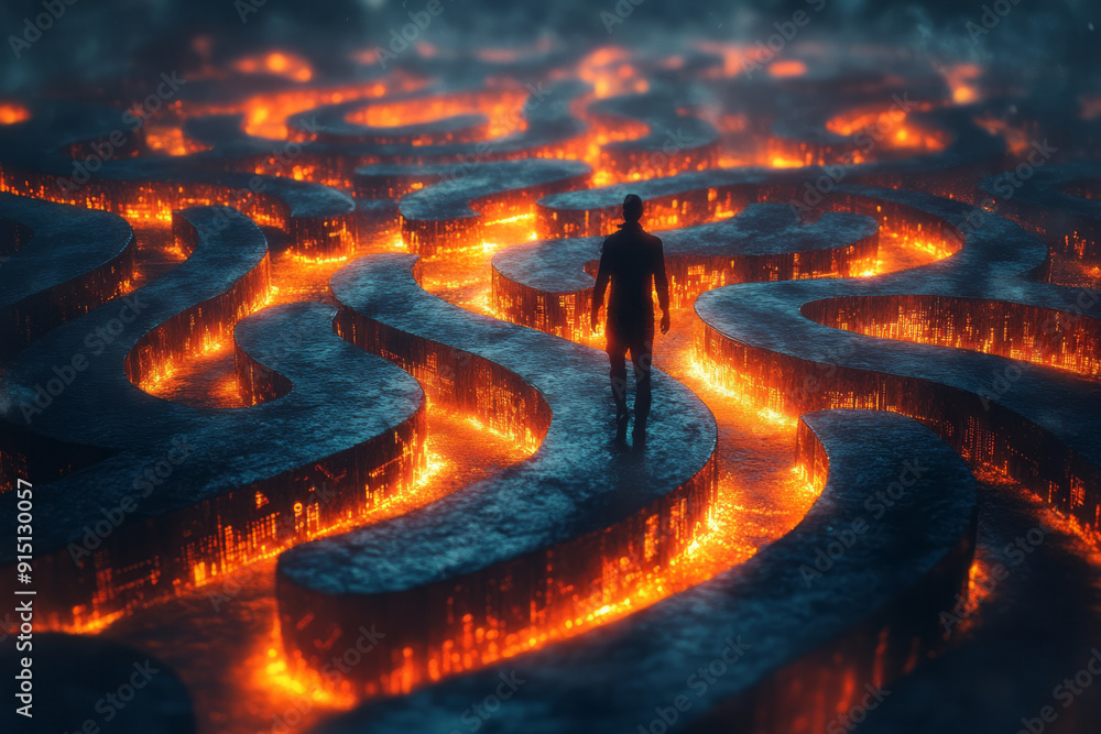 Poster a digital traveler navigating through a glowing maze of geometric shapes and patterns,