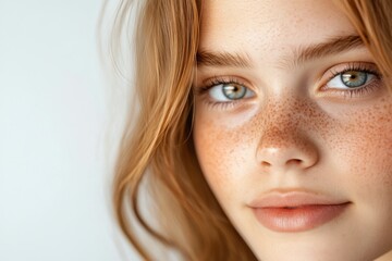 Close-up portrait of a young woman with freckles and blue eyes.