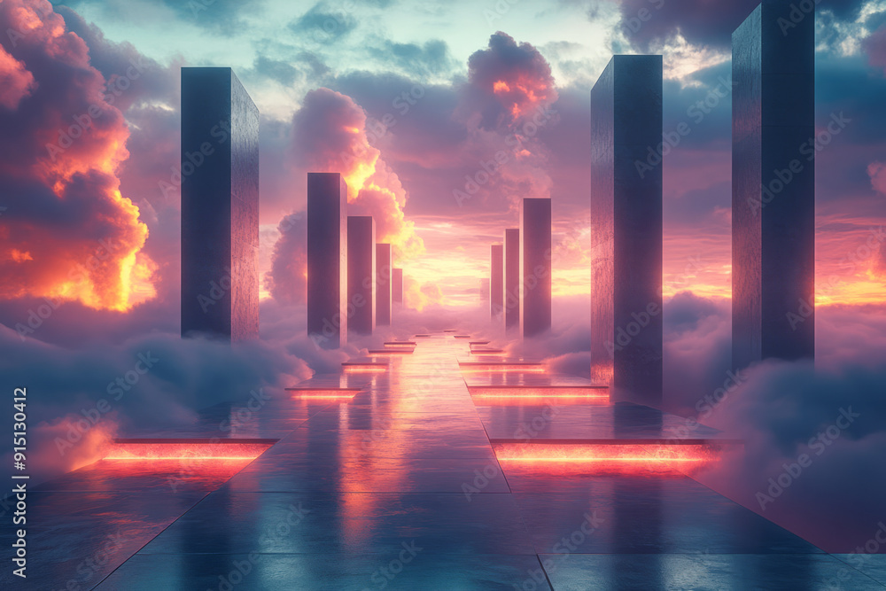 Poster artistic rendering of a virtual reality landscape with floating, glowing geometric platforms,