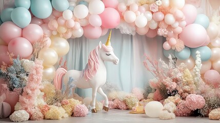 Whimsical Pastel Blue Cartoon Castle with Balloons Arch Garland Background for Cake Smash Aesthetic