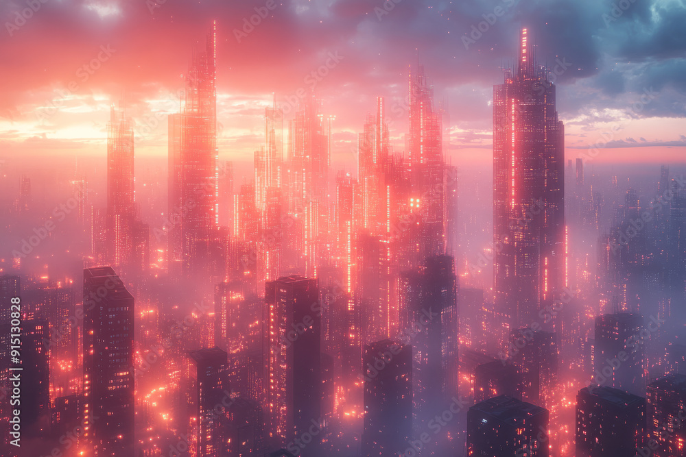 Poster a floating city made of intersecting neon-lit geometric structures, hovering in a digital sky,