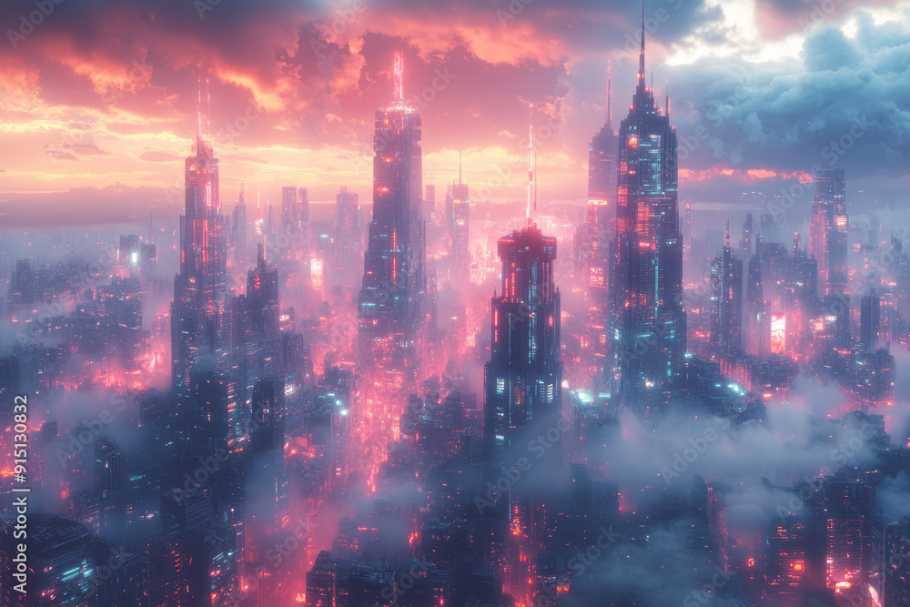 Poster a floating city made of intersecting neon-lit geometric structures, hovering in a digital sky,