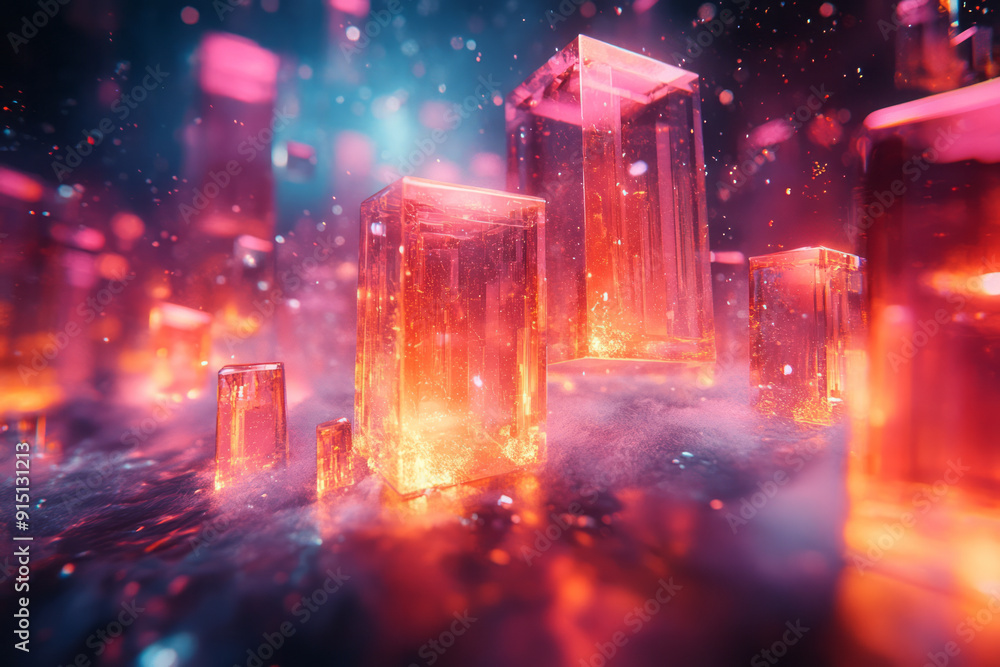 Poster an ethereal digital realm where geometric shapes float and glow, creating a sense of endless possibi