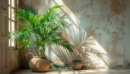 Obraz premium Palm plant in a pot by a window