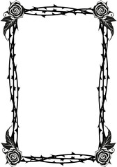 Blank thorn frame surrounded with roses and leaves in gothic tattoo style isolated on white background