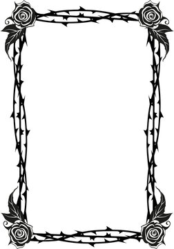 Blank thorn frame surrounded with roses and leaves in gothic tattoo style isolated on white background