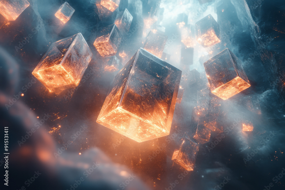 Poster an ethereal digital realm where geometric shapes float and glow, creating a sense of endless possibi