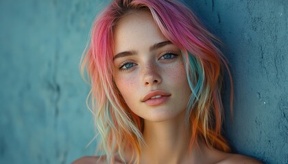 Young woman with pink and blue hair