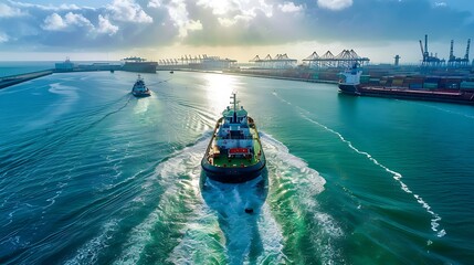 Tug boat maneuvering cargo ship in port of long beach