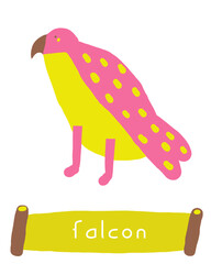 Learn ancient Egypt objects flashcard. Learning English words for kids. Cute hand drawn doodle educational card with falcon bird. Preschool desert learning material
