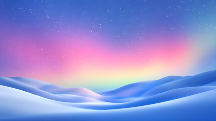 Naklejka premium A serene winter landscape features gentle snow-covered hills beneath a pastel sky illuminated by the aurora borealis with scattered stars in the background