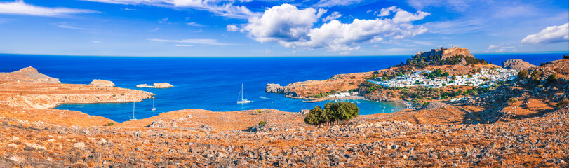 Lindos, Rhodes. Beautiful Lindos Beach, amazing place in Greek Islands, Aeagean Sea.