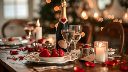 A picturesque Valentine's Day table setting adorned with heart-shaped place cards, elegant dinnerware, and candles, with romantic touches like rose petals and a bottle of champagne.