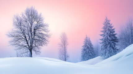 Fototapeta premium A serene winter landscape features snow-covered hills, frosty trees, and a pastel sky showcasing soft hues of pink and purple at dawn
