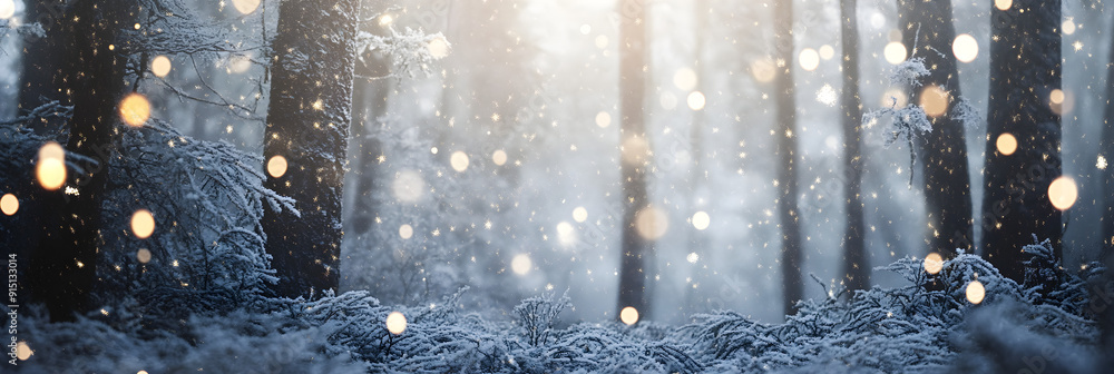 Poster a serene winter forest background showcases softly falling snowflakes, illuminated by warm bokeh lig
