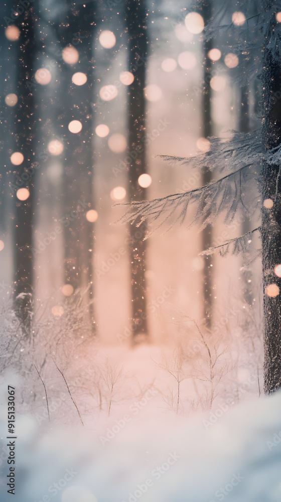 Poster a tranquil winter background with soft snowflakes falling through a serene forest, illuminated by ge