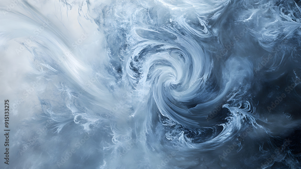 Poster swirling shades of blue and gray create an abstract frozen pattern, evoking a sense of motion and de