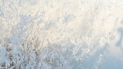 Frosted grass glistens in soft sunlight, creating a serene winter landscape that evokes calm and tranquility