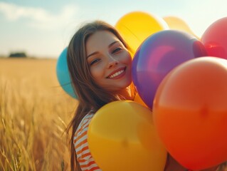 Obraz premium A woman holding a bunch of colorful balloons in a green field, perfect for celebrations and outdoor events