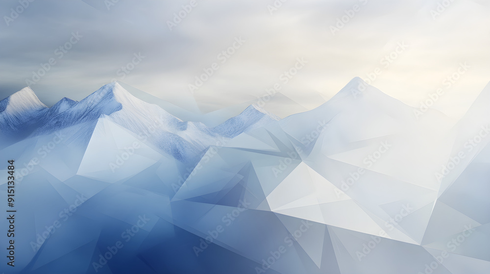 Poster a serene, abstract representation of snow-capped mountains blending into a soft, cool color palette 