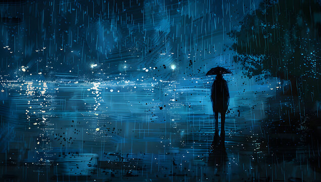 Weathered illustration of melancholy with rain falling on a desolate landscape. Indigo and Green tones. Grunge-style illustration design