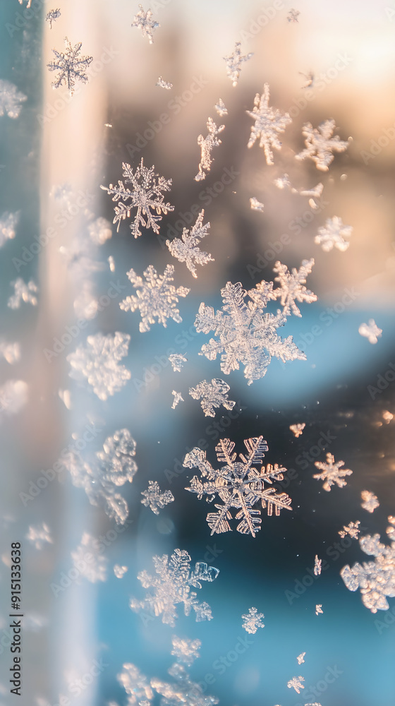 Poster delicate snowflakes adorn a frosted window, creating a mesmerizing winter pattern against a soft blu