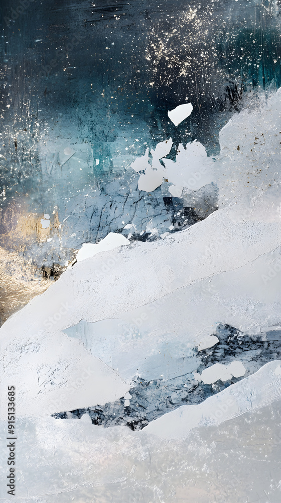 Poster abstract art features textured layers of blue, white, and gold with a dynamic interplay of colors an