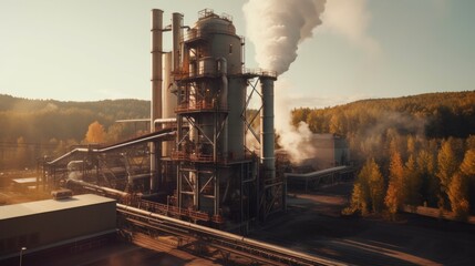 Industrial Plant with Smoke Emissions in Autumnal Landscape
