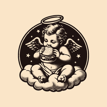 recommend clip art: A cherub cute baby angel enjoying a hamburger while sitting on a cloud surrounded by stars. Vintage engraving illustration, emblem, print, logo.