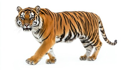 Fototapeta premium Majestic Tiger Strutting on White Background - Full Body Shot Wildlife Photography