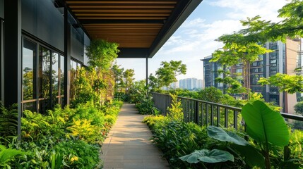 Obraz premium Modern Rooftop Garden with Greenery and City Views