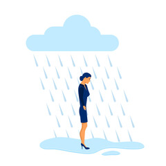 Sad businesswoman standing in the rain. Cloud and rain. Vector illustration flat design. Isolated on white background. Unhappy female.